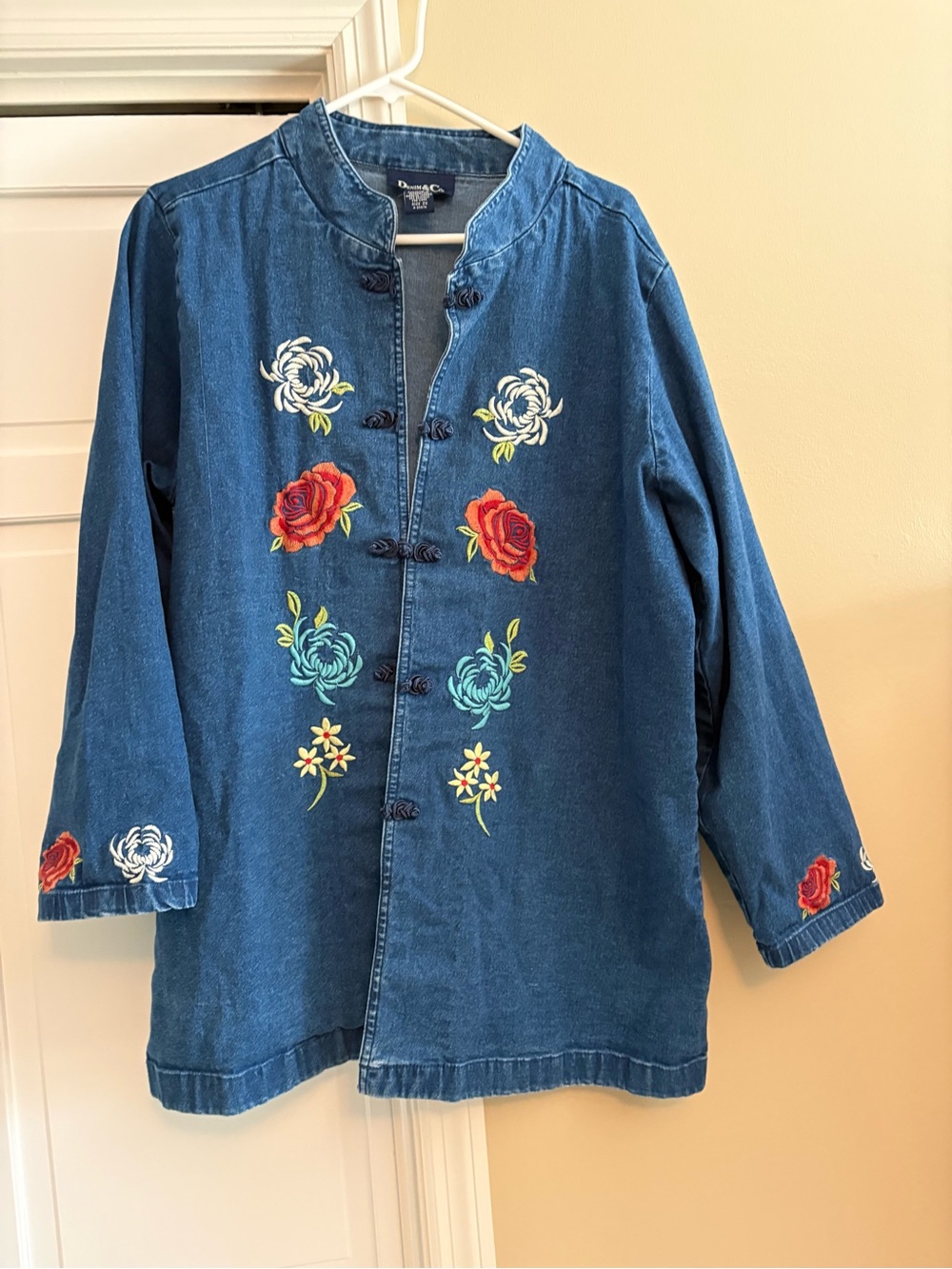 Blue Denim Embroidered Floral Jacket